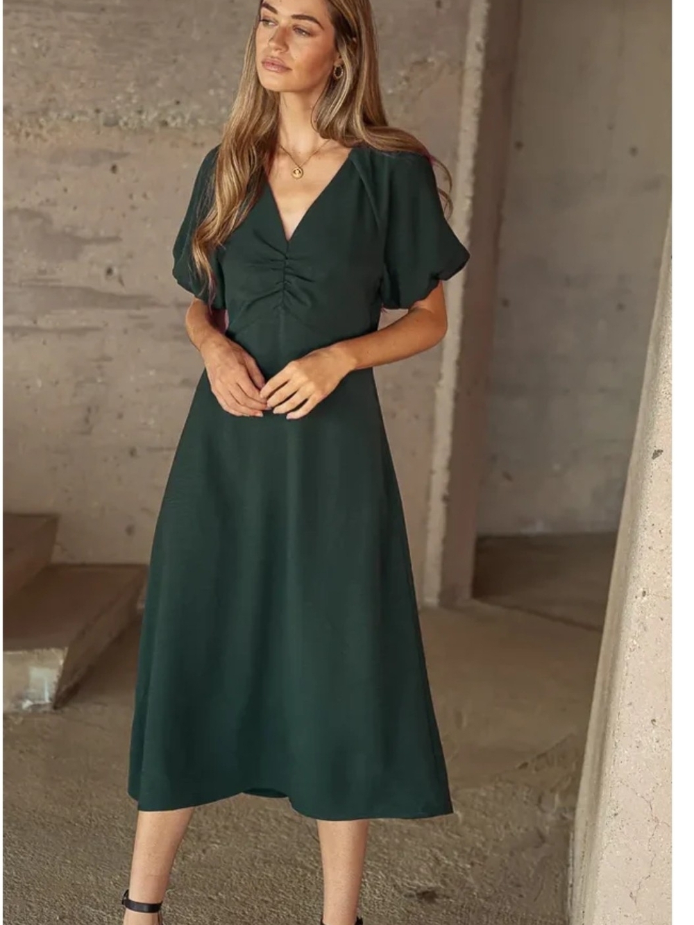 bohme Forest Green V-Neck Midi Dress